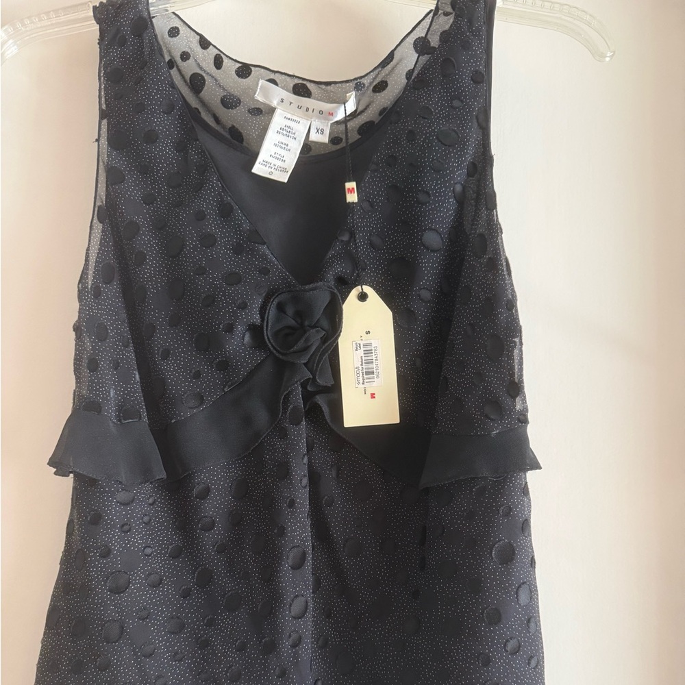 Studio M Black Polka Dot Sleeveless Blouse with Rosette